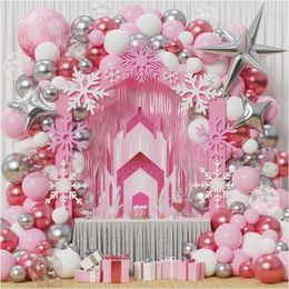 Party Decoration Christma Pink Winter Wonderland Balloon Garland Arch Kit Chrome Silver White For Girl Princess Birthday Decor