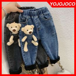 Pants Children's jeans 16Y autumn and winter plus velvet thick warmth fashion jeans boys and girls cartoon bear cute denim trousers