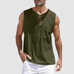 Men's Tank Tops Summer Lace Up Fashion Solid Colour Cotton Linen Vest Casual Sports Sleeveless Top Painting Fitness Muscle