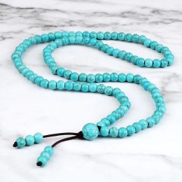 Strands Men Beaded Necklace & Bracelet 108 Beads Tibetan Buddha Wrap Bracelets Women Handmade Blue Synthetic Turquoises Prayer Jewelry