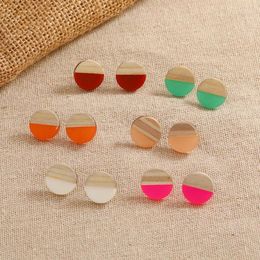 Stud Earrings Bohemia Vintage Wooden Splicing Round For Women Girls Colourful Creative Resin Handmade Geometric Gifts