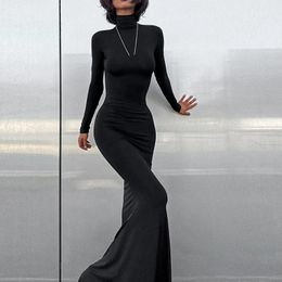 Casual Dresses Women Y2k Bodycon Long Dress Elegant Turtleneck Sleeve Maxi Fall Slim Fitted Lounge Cocktail