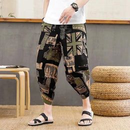 Men's Pants Oldyanup Mens Cotton Linen Cropped Vintage Print Harem Calf-Length Sping Summer Thin Oversize Loose Casual Trousers