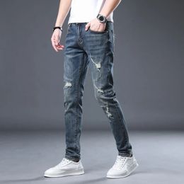 Ripped Jeans Men Stretch Dark Blue Hip Hop For Distressed Patchwork Skinny Male Denim Pants Mens Trousers Boys 240417