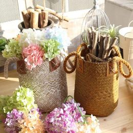 Decorative Flowers Natural Straw Flower Basket Tube Vase Storage Home Decoration Tabletop Display Craft Fake