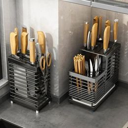 Kitchen Storage 304 Stainless Steel Stand Knife Cutlery Holder Rack With Drainer Tray Accessories Organiser Shelf Tool