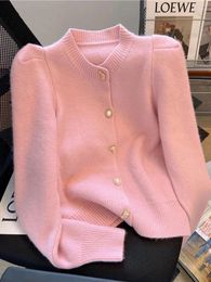 Women's Knits Winter Sweater With Fragrant Round Korean Style Bubble Sleeve's Cardigan Coat In Solid Colour Metal Button And Long Women