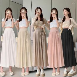 Skirts Korean Style Fashion Long Skirt Summer A Line Vintage Black Pink High Elastic Waist Midi Maxi Real Pos