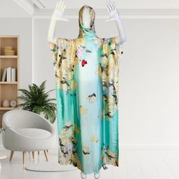 Ethnic Clothing Abayas For Women Printed Silk Soft Loose Femme Robe Muslim Summer Fashion African Islam Woman Dresses With Turban