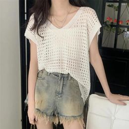 Women's Blouses Women Lazy V-neck Blouse Stylish Knitting Tops With Short Sleeves Hollow Out Design Sunscreen For Streetwear