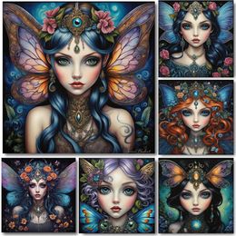 Surreal Butterfly Flower Elf Portrait Posters Prints Gothic Fantasy Big Eyes Angel Canvas Painting Childrens Room Home Decor 240425