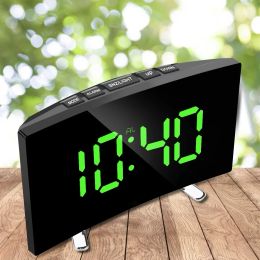 Clocks New Digital Table Clock Electronic Number Desktop Alarm Clocks for Kids Bedroom LED Screen Curved Dimmable Mirror Room Clock