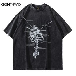 Hip Hop Tshirt Streetwear Men Skeleton Skull Printed Distressed T Shirt Summer Harajuku Oversize Washed T-Shirt Top Tees 240409