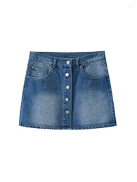 Skirts TRAFZA Women's Single-breasted Decoration High Waisted Hip Skirt Mini Vintage Fashion Elegant Casual A-line Denim