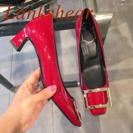 Casual Shoes Square Toe Buckle Women Pumps Heel Solid Shallow Patent Leather Wedding Slip On Fashion Spring