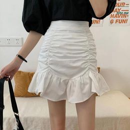 Skirts Deeptown Elegant Ruffle Women Mini Skirt White Sweet Sexy Pleated Short Korean Style Casual A-line Solid Cute Basic