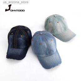 Ball Caps Unisex solid denim mens and womens baseball cap white washed denim denim hat vintage buckle hat adjustable hat Q240425