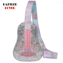 Shoulder Bags Trendy Guitar Style Pink Silver Laser Diamond Leather Handbag For Young Girl Crossbody Casual Chest Bag Tote Pouch Flap