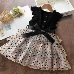 2Q5A Girl's Dresses 2024 New Korean Summer Girl Dress Polka-Dot Mesh Casual laid Dresses 2-6Yrs Kids Birthday Princess Dress Cute Baby Girls Clothes d240425