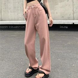 Women's Jeans 2024 Autumn Long Loose Straight Leg Denim Pants For Women Button Wide Legs Korean Style Female Trousers Pink White