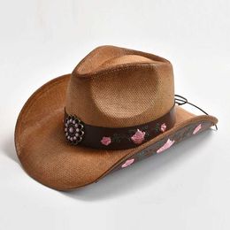 Wide Brim Hats Bucket Hats Straw embroidered Western style denim hat for mens retro denim jazz hat for women Panama Beach sun hat Y240425