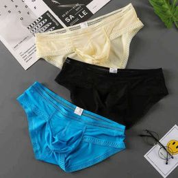 Luxury Mens Underwear 3PC Briefs Ice Silk U Pouch Men Sexy Lingerie Low-Rise Summer Panties Man Sea Satin Underpants Drawers Kecks Thong V2SJ