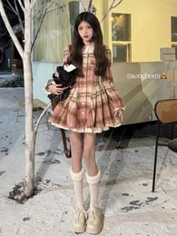 Casual Dresses Vintage Pink Plaid Dress For Women French Style Fashion Elegant Shirt Female 2024 Autumn Winter Office Ladies