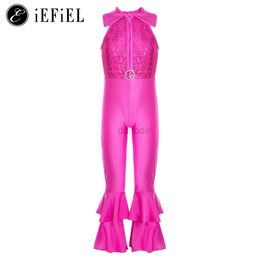 Stage Wear Kids Girls Sequins 60s 70s Hippie Costume Disco Diva Dancing Stage Performance Jumpsuit Bell Bottom for Retro Vintage Party d240425