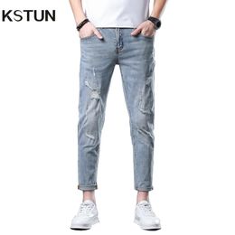 Hip Hop Jeans For Men Light Blue Stretch Skinny Ankle Length Denim Pants Ripped Man Summer Frayed Patchwork Cowboys 240417