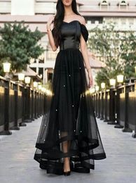 2017 Black Prom Dresses Off the Shoulder Glass Crystals Beaded Tulle Satin Boned Bodice Short Front and Long Back Evening Gowns1548465