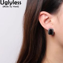 Stud Earrings Uglyless Facet Natural Black Agate Women Dark Style Rectangle Buckle Marcasite Square Brincos 925 Silver