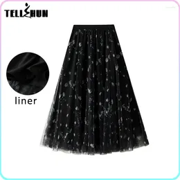 Skirts Floral Printed Elegant Long For Women Summer Fashion Trend Clothes 2024 Korean Stylish Black Casual Dress Traff