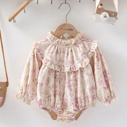 One-Pieces 2024 New Spring Infant Baby Girl Bodysuits Long Sleeved Corduroy Floral Printing Newborn Baby Girl Jumpsuit Children Clothes