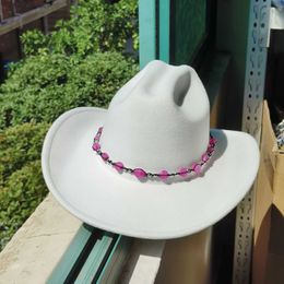 Wide Brim Hats Bucket Hats Coloured beads cowboy hats pink for women and men Gentleman white hats vintage hat fashion Autumn Winter big brim sombrero hombre Y240425