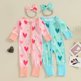 One-Pieces 20231109 Lioraitiin Baby Girl Valentine's Day Jumpsuit Heart Print Romper Outfit Long Sleeve Ruffle Bodysuit with Headband Set