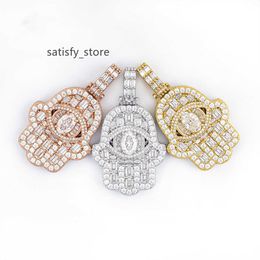 DE Eye Egyptian Moissanite Dazzling Chic Fashion Jewelry Iced Striking Bling 925 Sterling Silver Fatima Hand Pendant Necklace