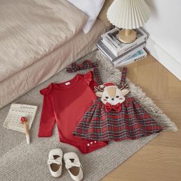 Sets Christmas 02Y Infant Girl 3Pcs Outfit Ruffled Long Sleeve Romper ALine Elk Embroidery Plaid Skirt Bow Headband Set