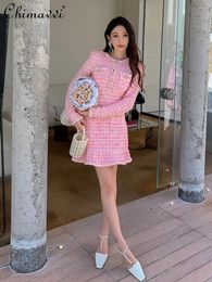 Casual Dresses High-End Sweet French Pink Plaid Crew Neck Long Sleeve Knitted Dress 2024 Spring Autumn Slim Fit Short Elegant Women's