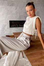 Summer Linen Sets Pajams For Women 2 Piece Fashion Sexy Sleepwear Lace -Up Crop Tops Elastic Waist Loose Long Pants Suits 240424