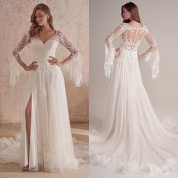 Elegant A Line Wedding Dresses V Neck Lace Applique Side Split Bride Gown Vestido De Novia Sweep Train Custom Size