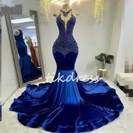 Royal Blue Velvet Mermaid Prom Dresses For Black Girls 2024 Crystal Robe De Soiree Evening Birthday Party Vestidos De Gala O Neck Elegant Formal Occasion Promdress