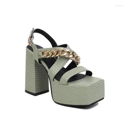 Dress Shoes Big Size Oversize Large Sandals For Women And Ladies Square Toe Thick Sole Heeled Fashion Trend Metal Chain