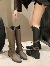 Boots Med Heel Female Shoes Boots-Women Ladies Autumn Pointy Rubber 2024 Over-the-Knee Lace-Up Pointed Toe Cross-tied PU Riding
