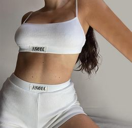 Gothic Angel Letter Embroidery Streetwear Gyms Two Piece Set Mini Crop Top Camisole Sporty Biker Shorts Women Tracksuit2128390