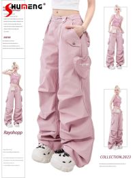 Capris 2023 New Casual Women's Summer Overalls Trousers American Loose Hot Girl Women Pocket Asymmetry Pleated Pink Pants Sweatpants