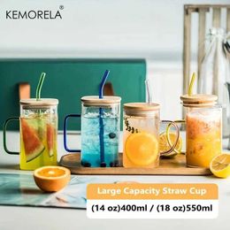 Tumblers 600ML Glass Cup with wooden lid and Colourful handles straws Milk coffee transparent drink cup Suitable for parties H240425