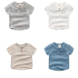 T-shirts Cute Pockets Design Boys Summer T Shirt Vintage Color Linen Cotton Kids Short Sleeve Shirts Blouse Soft Casual Baby Tops 2-10t H240425