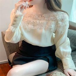 Women's Blouses French Casual Floral Women Long Sleeve Slash Neck Shirts Lace Female Sexy Elegant Tops Ladies 2024 Fashion