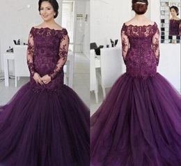 Alluring Purple Prom Evening Dress For Plus size Women Girls 2022 Off shoulder Illusion Long Sleeves Lace Applique Mermaid Ruched 8263794