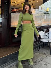 Work Dresses Elegant 2 Piece Set Green Long Sleeve Cropped Top And Slim Split Maxi Skirt Sets Femme 2024 Party Evening Outfits